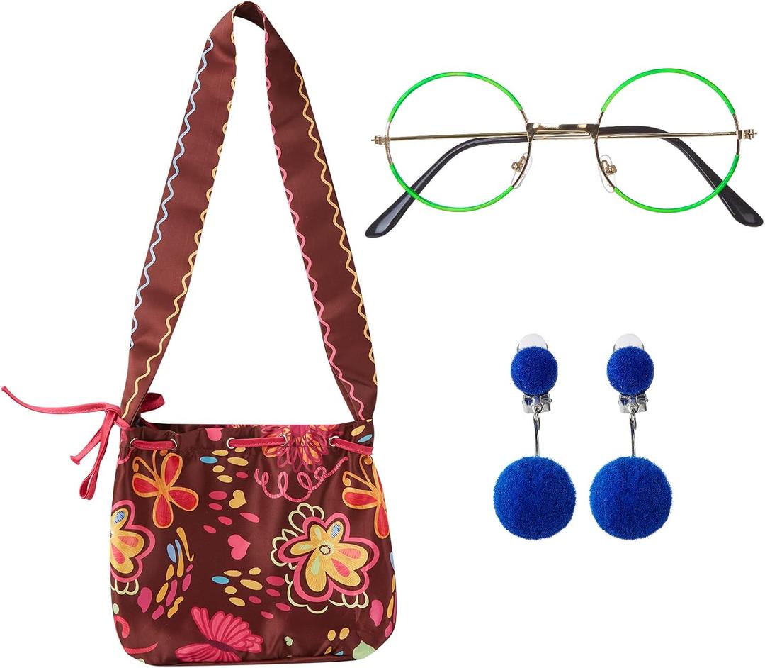 Green Glasses Round Metal Frame No Lens with Blue Pom Clip-on Earrings Purse Bag Dress Up Women Costume Accessories