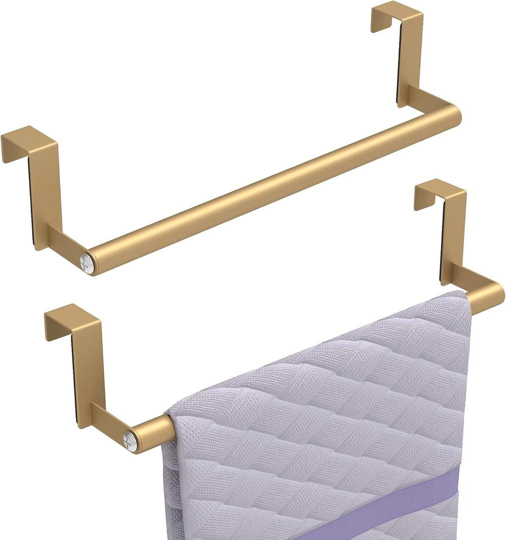 STWWO Over The Door Towel Rack, Kitchen Towel Holder Over Cabinet Door Towel Bar Stainless Steel for Cupboard for Kitchen Dish Towel Holder Hanger Rv Towel Rack, 2 Pack (Gold)