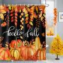 Fall Shower Curtain for Bathroom Hello Orange Pumpkin Shower Curtains Set with 12 Hooks Hello Fall Maple Leaf Bath Curtain for Thanksgiving Decor Waterproof Fabric 72x72 Extra Long