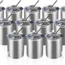 MEWAY 12 oz Lowball, Tumbler Stainless Steel Double Wall Vacuum Insulated Mug with Straw and Lid, Cleaning Brush Durable Powder Coated Insulated Coffee Cup for Cold & Hot Drinks (Silver, 12 pack)