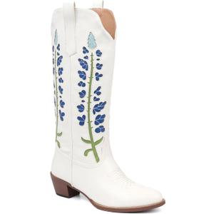 Cowboy Boots For Women, Cute Bluebonnet Floral Embroidered Fashion Country Boots Pointed Toe Chunky Heel Wide Calf Fancy White Cowboy Boots, Cowgirl Boots, 6