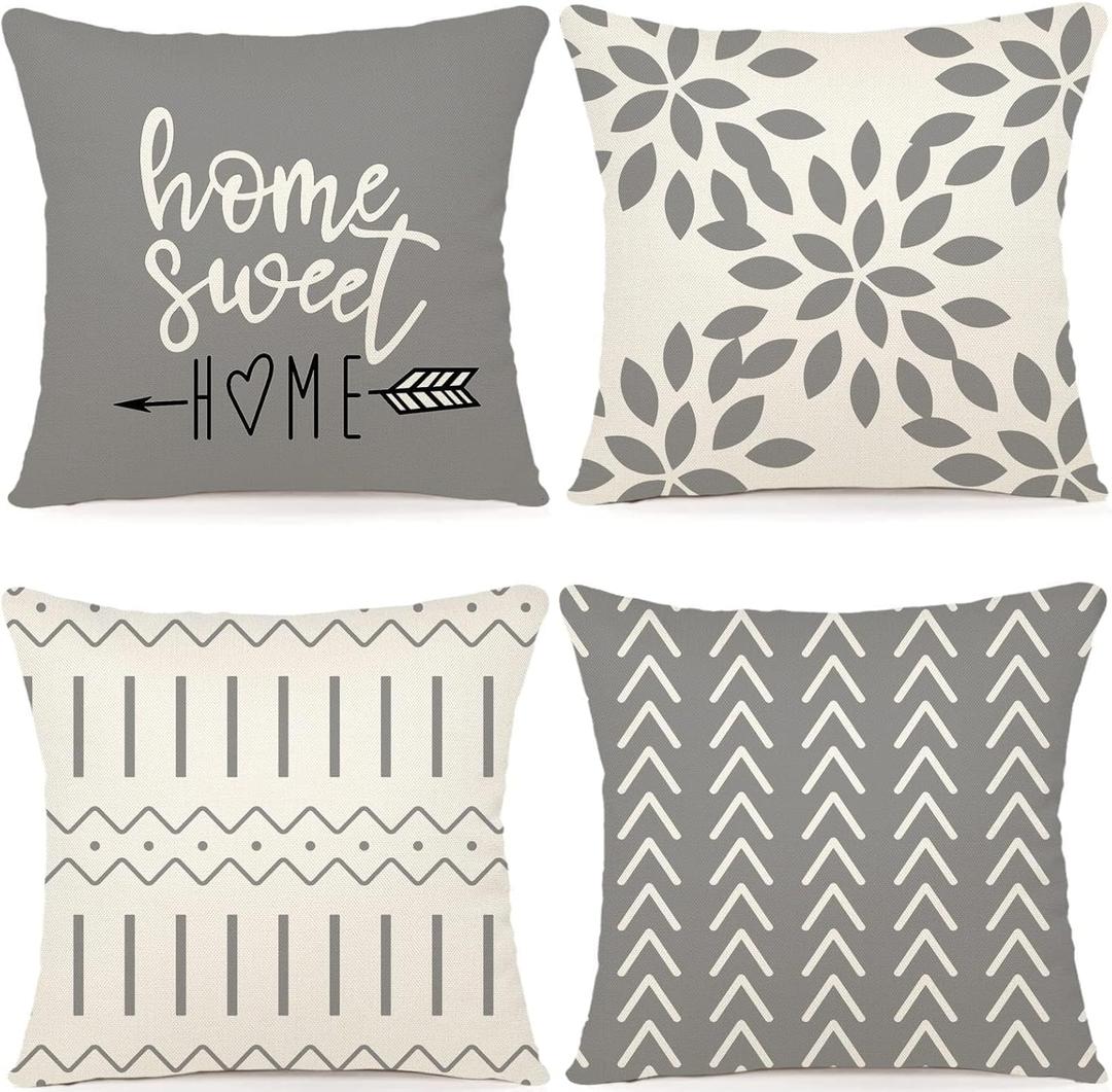YCOLL Pillow Covers 18x18 Set of 4Modern Sofa Throw Pillow Cover, Decorative Home Outdoor Linen Fabric Geometric Pillow Case for Couch Bed CarGray