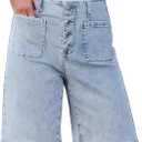 luvamia Bermuda Shorts for Women Jean High Waisted Trendy Patch Pockets Casual Summer Button Fly Stretchy Denim Shorts (Blue, S)