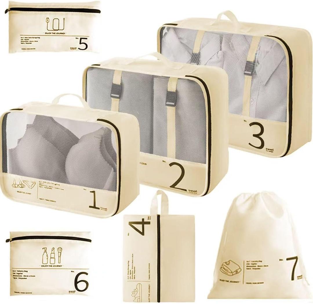 7 Set Packing Cubes for Suitcases Travel Luggage Packing Organizers,Travel Accessories Essentials Luggage Organizer for Shoe/Tioletry/Laundry Bag(Beige)