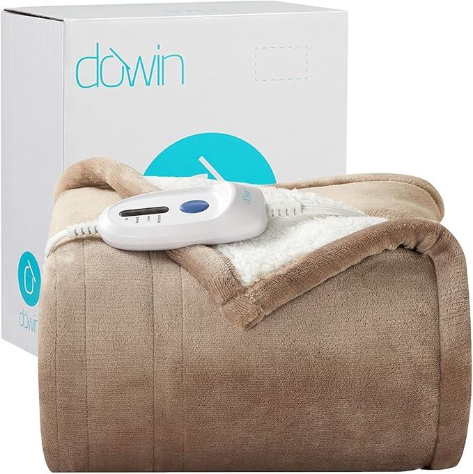 Dowin Heated Throw Blanket, Machine Washable Flannel&Sherpa Heating Blanket, Soft and Comfortable 50 x 60inch Fast Heating Electric Throw with Hand Controller 3 Hrs auto Shut-Off