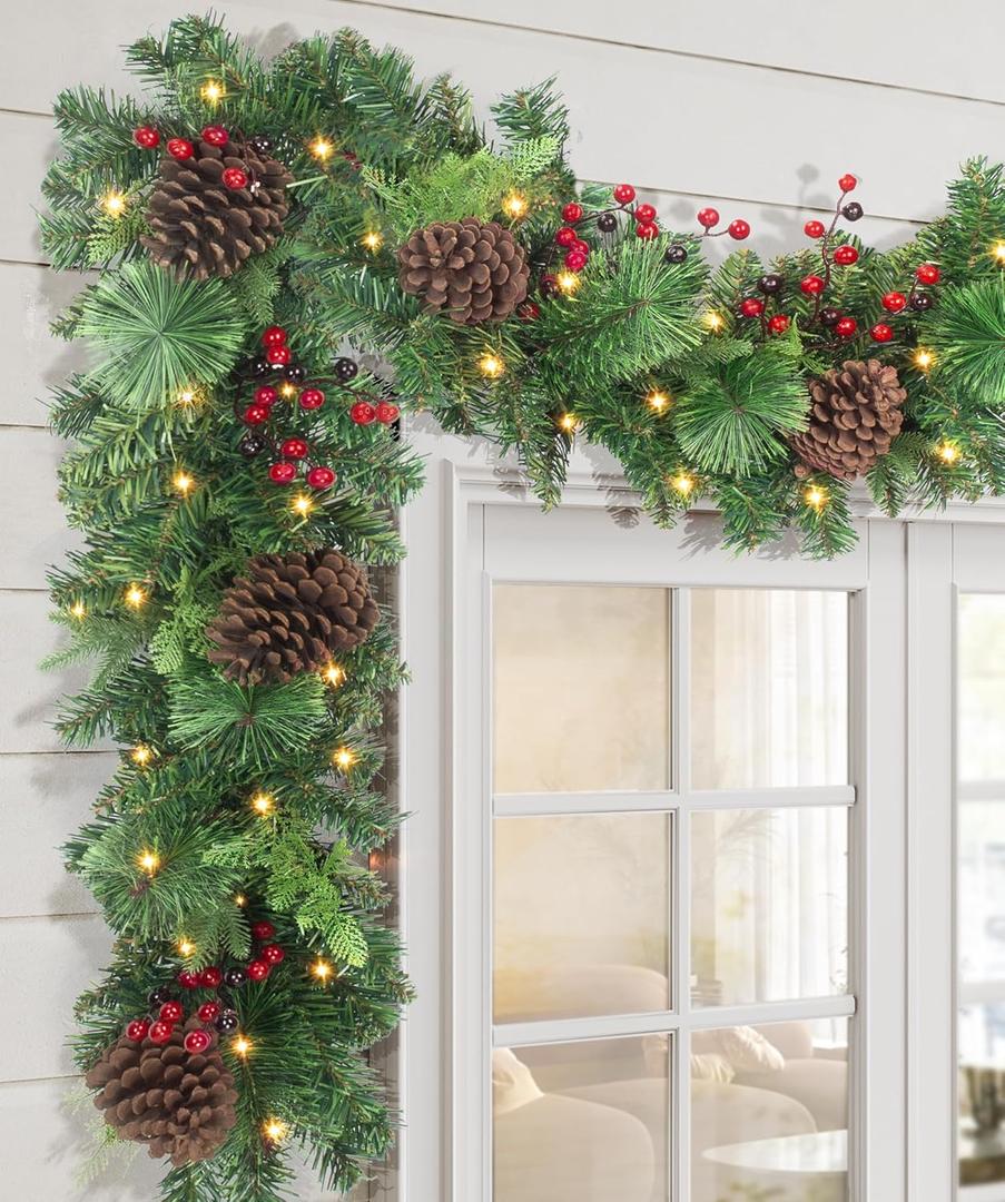Pre-lit Christmas Garland 9FT with 100 Warm Lights, Battery Operated Xmas Garland with Pine Cedar Cones & Gradient Red Berries, Christmas Decoration for Mantle Fireplace Stair Railing Porch