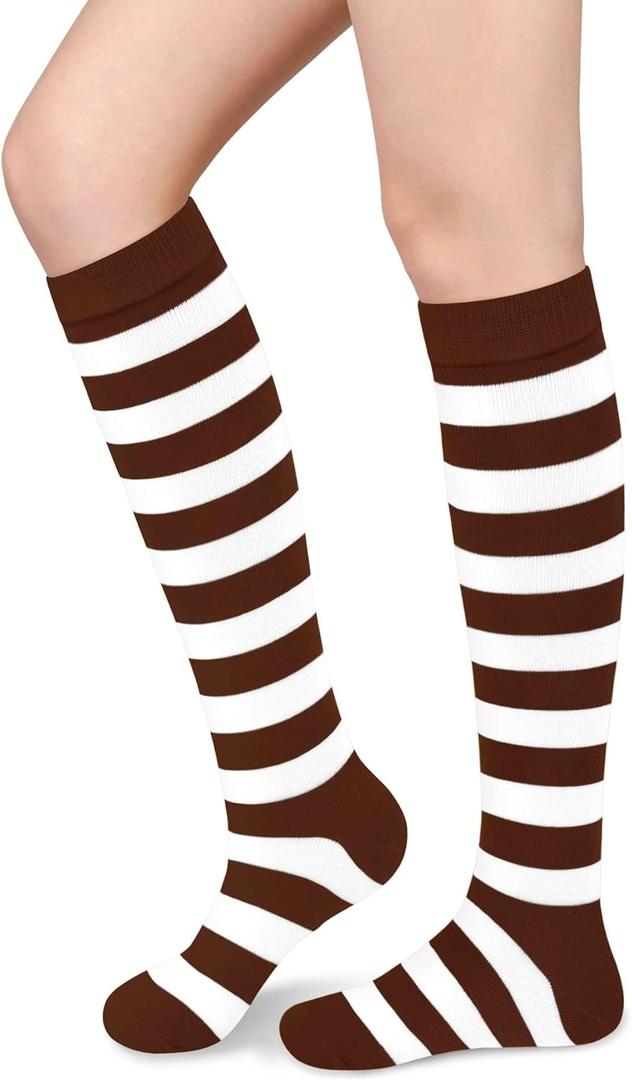 Olreco Womens Knee High Socks for Women Knee Socks for Women Long Sock Woman Striped High Sock Athletic Halloween Accessories (One Size, Brown White Striped)