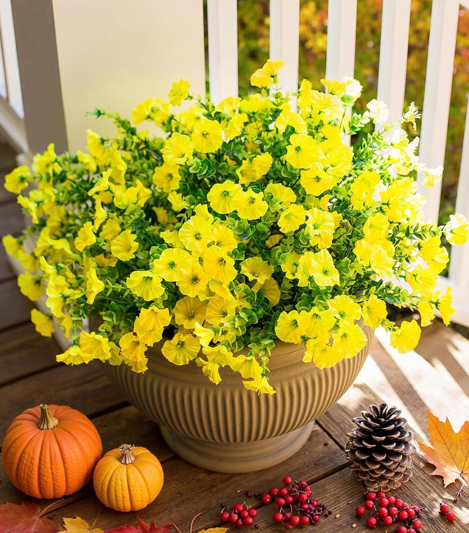 Artificial Fall Flowers Fake Plants for Outdoors Autumn Decoration, 12 Bundles Yellow Silk Morning Glory with Eucalyptus Look Real UV Resistant Faux Flowers for Outside Planters Front Door Yard Indoor