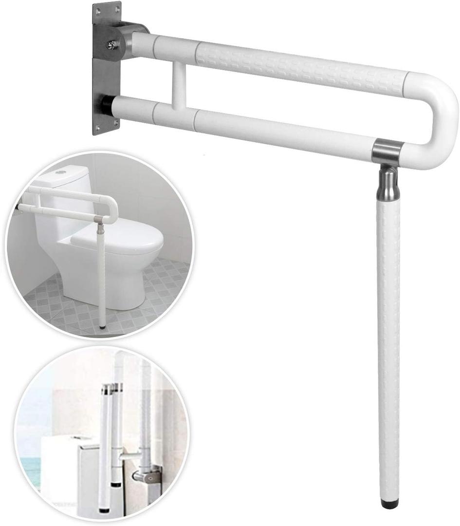 MYOYAY 24In Toilet Safety Rails Wall Mount Floor Support Foldable Toilet Grab Bar Handicap Grab Bars Rails Non-Slip Stainless Steel Flip Up Grab Bar  Handrails for Seniors Disabled Pregnant