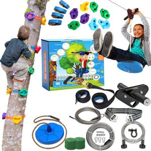 Zip Line Kit for Kids and Adults, Up to 350 Lbs, Removable Trolley, Rustproof Stainless Steel, Quick Setup with Ratchet, Safety Harness, Backyard Adventure Fun W/Climbing Holds, 160' Zipline Kit