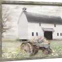 Farmhouse Framed Wooden Wall Art: Rustic Country Barn Painting Picture Old Tractor with Flowers Print Vintage Countryside Farm Landscape Artwork Decor for Kitchen Bedroom Living Room (24L" x 16W", Farmhouse Theme 01)
