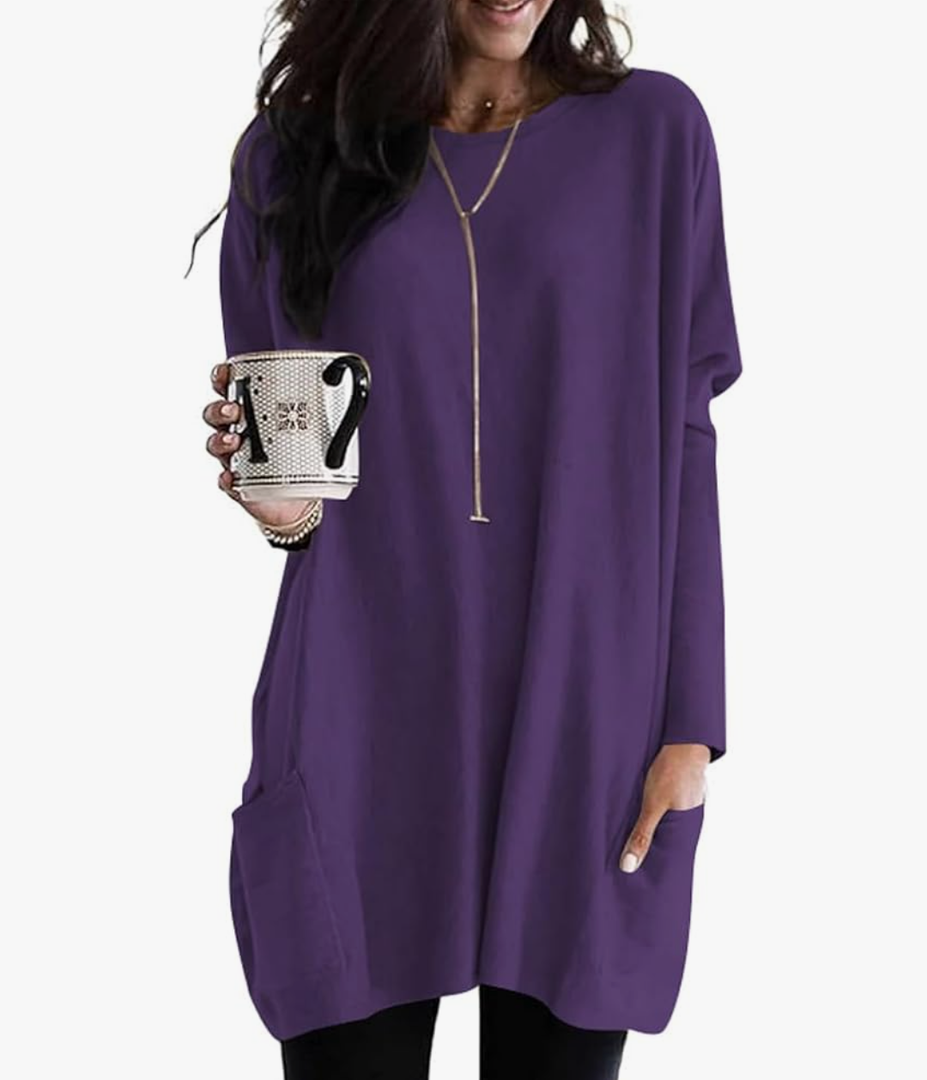 Poetsky Fall Womens Tunic or Tops to Wear with Leggings Long Sleeve Casual Long Shirts with Pockets, Size L