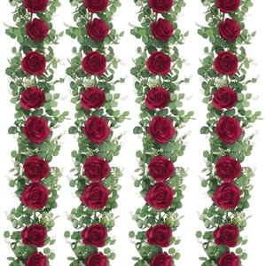 Dolicer 4Pcs 26Ft Artificial Eucalyptus Garlands with Flowers - 8 Roses, Faux Floral Greenery Garlands Fake Flowers Vines for Wedding Table Centerpieces Arch Party Ceremony Backdrop Decor (Red)