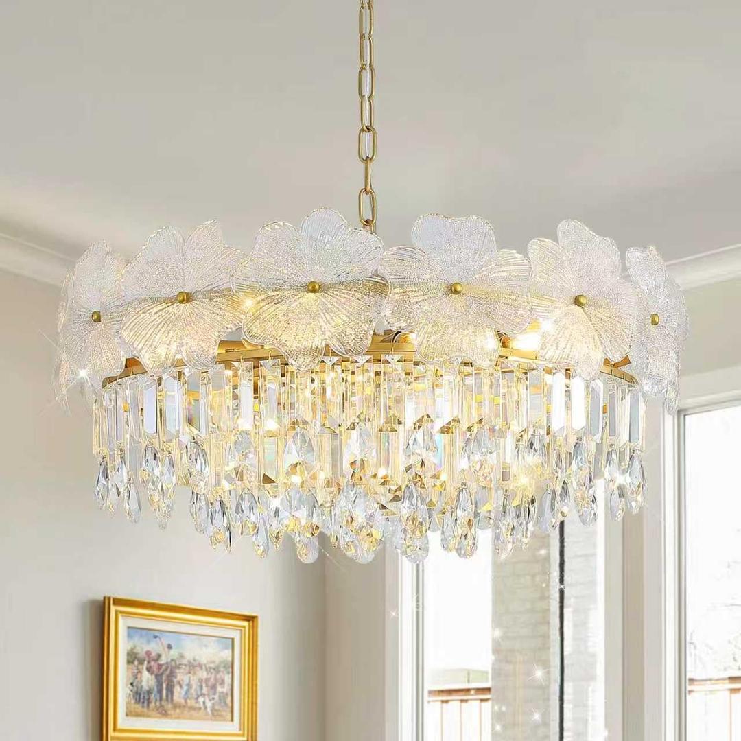 Gold Crystal Chandelier Large 24" Modern Farmhosue Pendant Light Fixture for Dining Room with Flower Glass 5-Tier K9 Crystal Drum Hanging Light Round Chandelier Luxury for Entryway Bedroom Stair