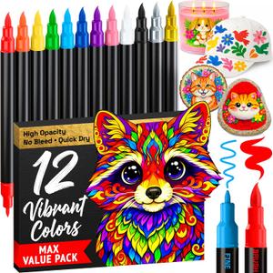 ARTISTRO 12 Acrylic Paint Markers - Paint Pens for Drawing, Brush + Fine Tips - For Fabric, Rock, Glass, Wood, DIY - Art & Craft Supplies for Adults, Teens, Kids - Teacher Appreciation Gift