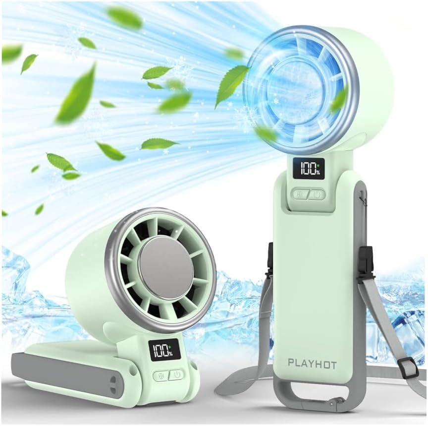 PlayHot Upgraded Portable Handheld Fan with 60F Ice Cooling, Up tp 12Hrs Hand Held Portables Fans, 5 Speed 25550RPM Powerful Portable Fan Handheld, Hand/Neck/Desk Fan 3 IN 1(Green)