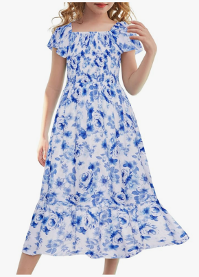 GRACE KARIN Girls Floral Dress Flutter Sleeve Square Neck Tiered Midi Dress Smocked Flared A-line Dress Size 16 Y