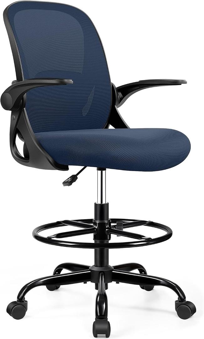 Drafting Chair Tall Office Chair with Flip-up Armrests, Adjustable Height, Enhanced Lumbar Support Ergonomic Rolling Stool, Back Support, Adjustable Foot Rest Ring for Standing Desk Navy, 934W-Z