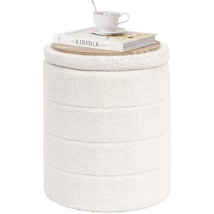 PINPLUS Round Storage Ottoman Foot Rest Stool with Tray upholstered in cream white boucle/sherpa fabric, Size: 37.1D x 37.1W x 45H cm