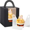 JCD 70Pcs Black Portable Cupcake Boxes Individual with Handle,Individual Cupcake Carrier with window and Insert Muffins Cupcake Carriers Holder Cookie, Chocolate Strawberries,Cupcakes(Black, 70pcs)