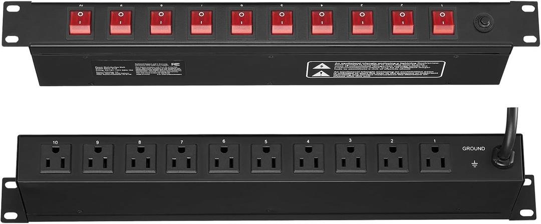 Happybuy 1U PDU, 10 Outlets Rack Mount Power Strip for Standard 19" Server Racks, Independent Switch, Surge & Overload Protection, 110-125V/15A, Ideal for Home & Office