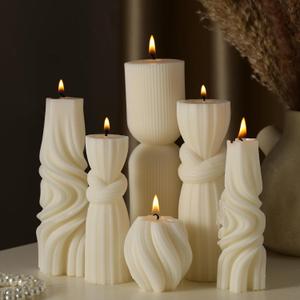 6 Pcs Pillar Candles Decorative Modern Aesthetic Ribbed Candle Set Cute Soy Wax Scented Ribbed Decor Valentine's Commemorative Gift for Home Decoration(White,2.36-6.89 Inch)