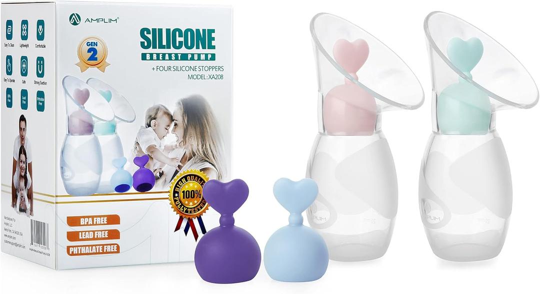 Amplim Gen 2 Manual Breast Pump/Collector for Breastfeeding with Stopper (2-Pack 4 oz/100ml) Food Grade Silicone BPA PVC and Phthalate Free (4OZ-BGPPUR, 2, Count)