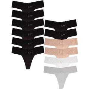 Jo & Bette Lace Thongs for Women - 6 or 12 Pack Low Rise Thongs - Lace Panties Cotton Underwear Women Sexy No Show Soft (Small, 6pk Black, 6pk Neutral)