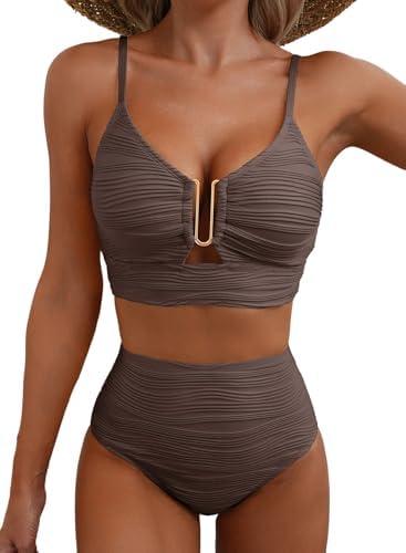 Herseas 2 Piece Bikini Set U-Wire Cutout Popular Swimsuit High Waisted Textured 2026 Summer Beach Swim Bathing Suits Medium
