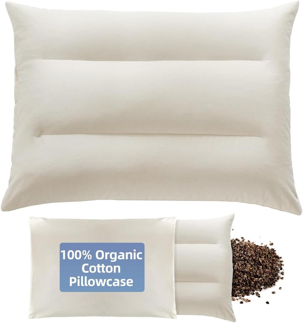 Buckwheat Pillow with Organic Cotton Pillowcase - 20''x26'' Organic Buckwheat Pillow with Baffle Box for Support, Adjustable Tartary Buckwheat Hull Pillows, Organic Buckwheat Neck Pillows (Off White)