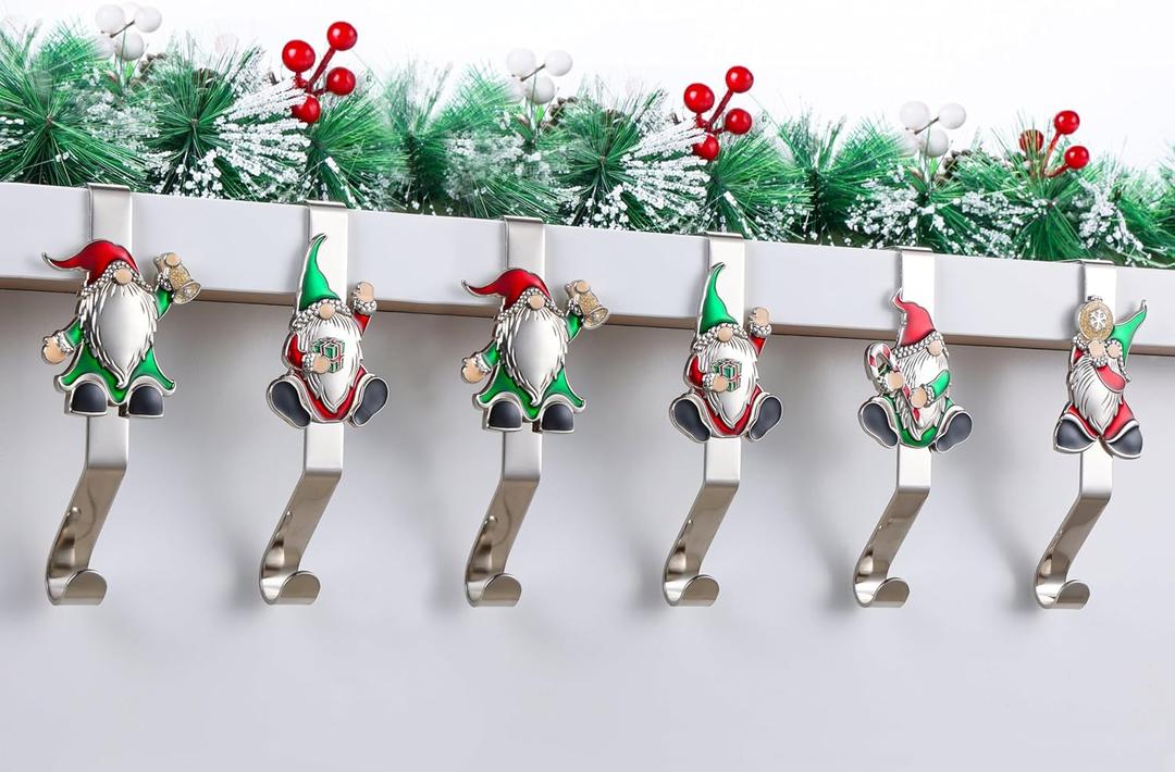 Christmas Stocking Holders for Mantle - Set of 6, Stocking Hangers with Gnome Design for Fireplace