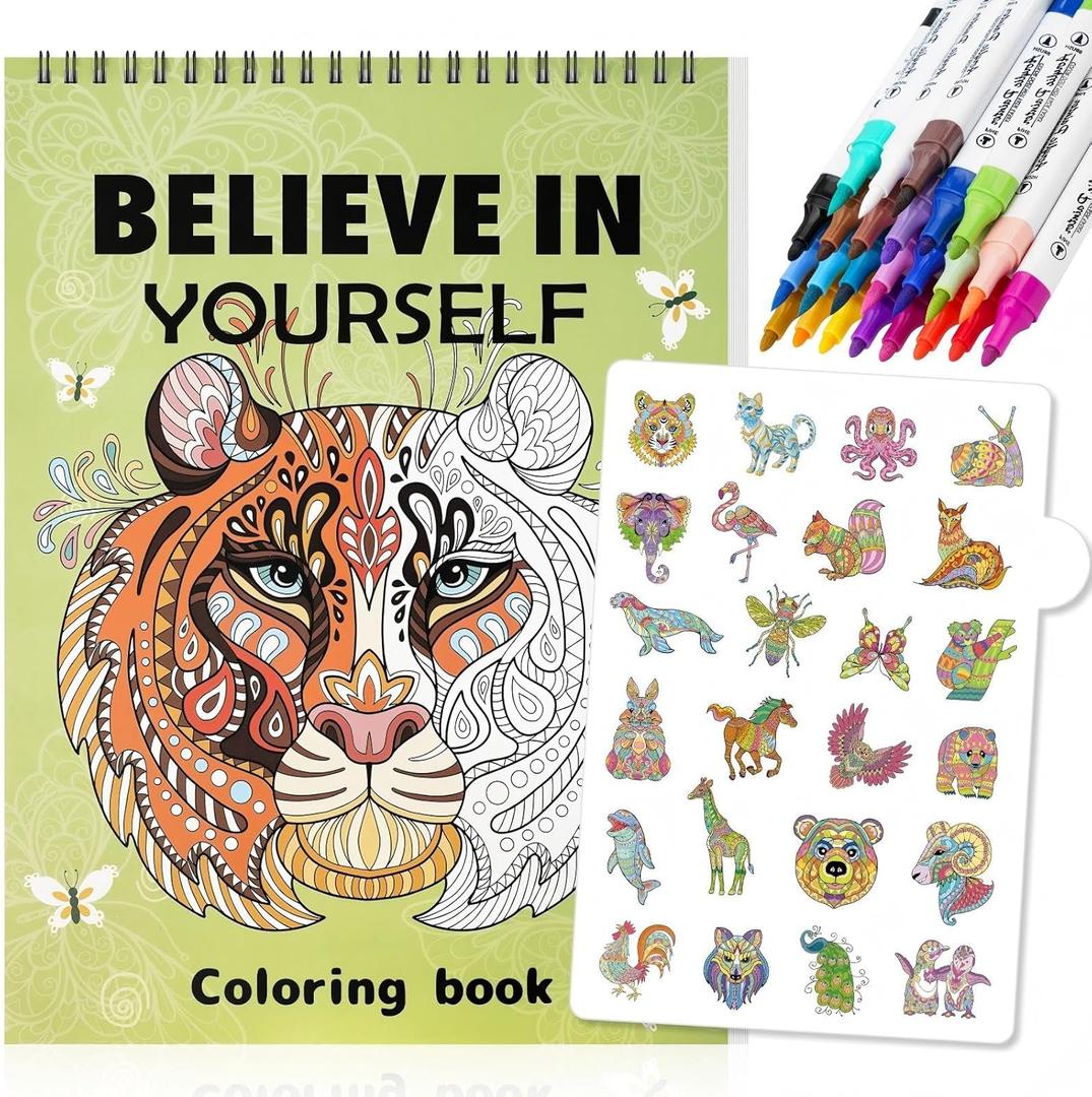 3 x Adult Coloring Book Set,24 Colors Markers with Spiral Bound Adult Coloring Book for Women to Relaxation,Mindfulness and Anxiety Relief(Animal)