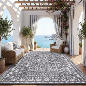 Garvee Reversible Outdoor Rug 9x12 for Patio, Waterproof Outdoor Area Rug, Modern Medallion Indoor Outdoor Rugs, Plastic Straw Rug for RV, Camping, Deck, Vintage Grey