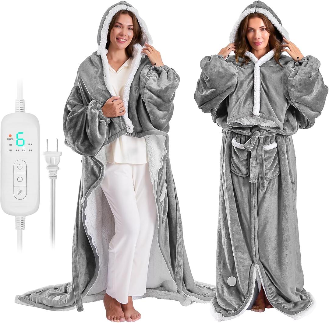 Wearable Heated Blanket Electric Snuggle Throw Blankets,Flannel&Sherpa Heating Blanket with Sleeves Foot Pocket (Light Gray)