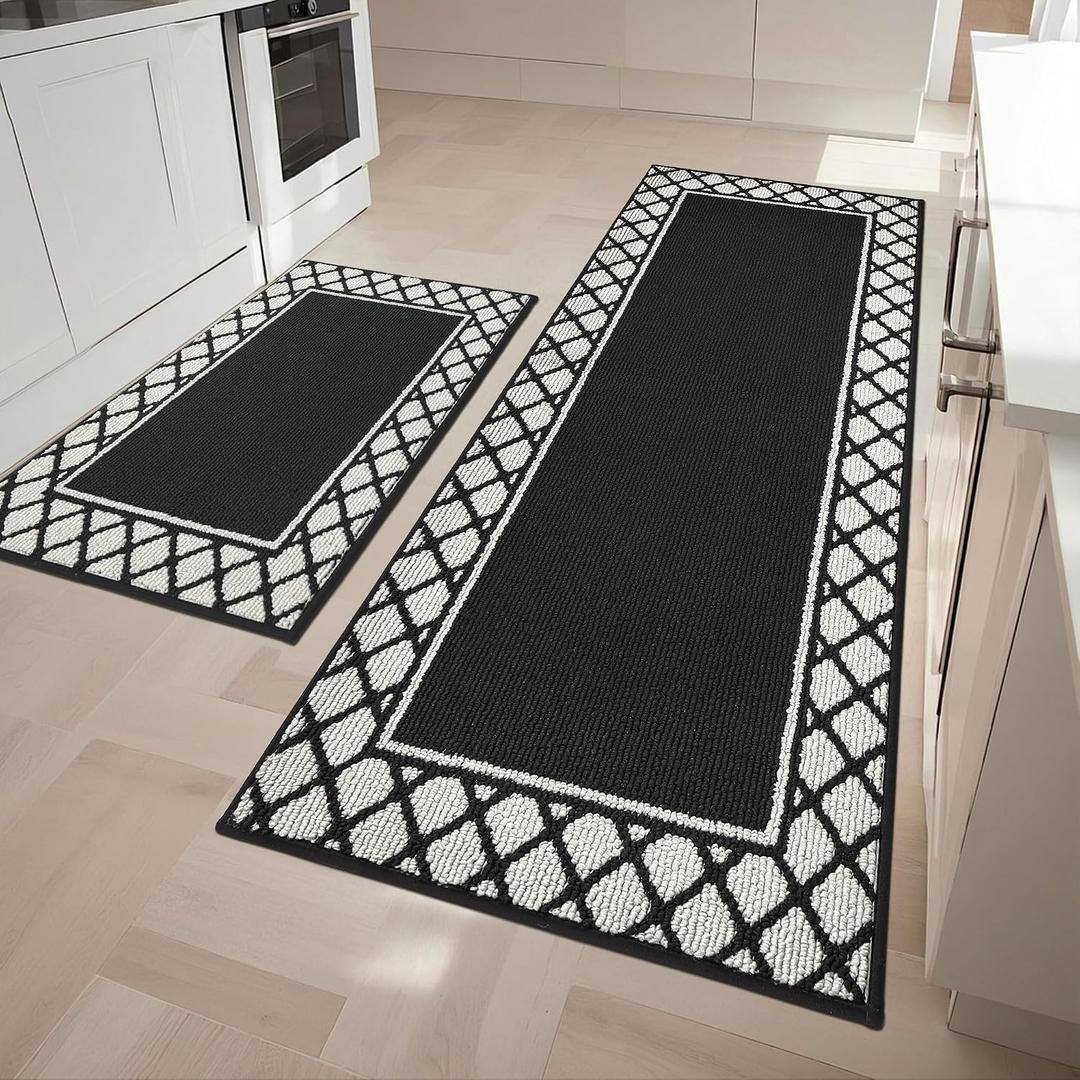 COSY HOMEER Kitchen Rugs Non Slip Washable Kitchen Mats for Floor Absorbent Kitchen Rugs Sets of 2 Kitchen Runner Rugs for Kitchen Carpet Sink Laundry Area Rugs,Black,24" x 35"+24" x 60"