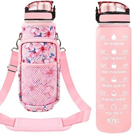 Newfad 32 oz Water Bottles with Straw & Strap, Motivational Water Bottles with Times to Drink, BPA Free Reusable Sports Water Bottle with Sleeve Carrier for Hiking, Travel, Running or Fitness
