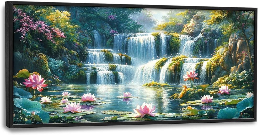 Lotus Flower Natural Large Wall Art for Living Room Mountain Landscape Framed Canvas Decor Waterfall Prints Painting Pictures Extra Large Floral Artwork for Bedroom Bathroom Office Home 30"x60"