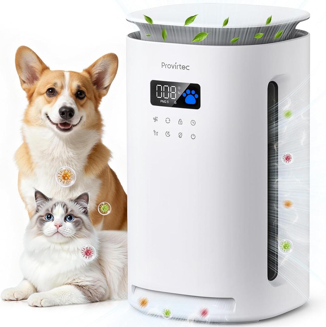 Provirtec Pro-Level Air Purifier for Home Pets, No More Odor, Pet Floating Fur/ Dander Worries, 4-Side Wide Intake, H13 True HEPA, Auto/ Pet Mode & Washable Pre-Filter, Ultra Quiet for Bedroom/ Large Room