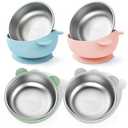 Bakpoco Stainless Steel Baby Bowls with Suction, 2-in-1 SUS304 Toddlers Bowl & Removable Silicone Suction Kids Bowl, Non Toxic Snack Container for Baby Food Feeding, Soft Blue/Sage/Pink/Gray Set of 4