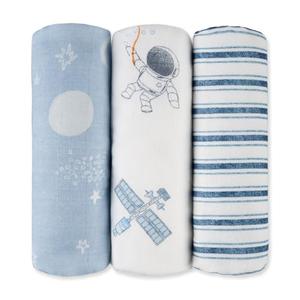 GLLQUEN BABY Receiving Blanket Boy Cotton Muslin Swaddle Blankets Girl Newborn Squares Breathable & Soft Thin Baby Blankets Cloths Double Absorbent Infant Swaddling Wrap - 3 Pack (Blue Astronaut)