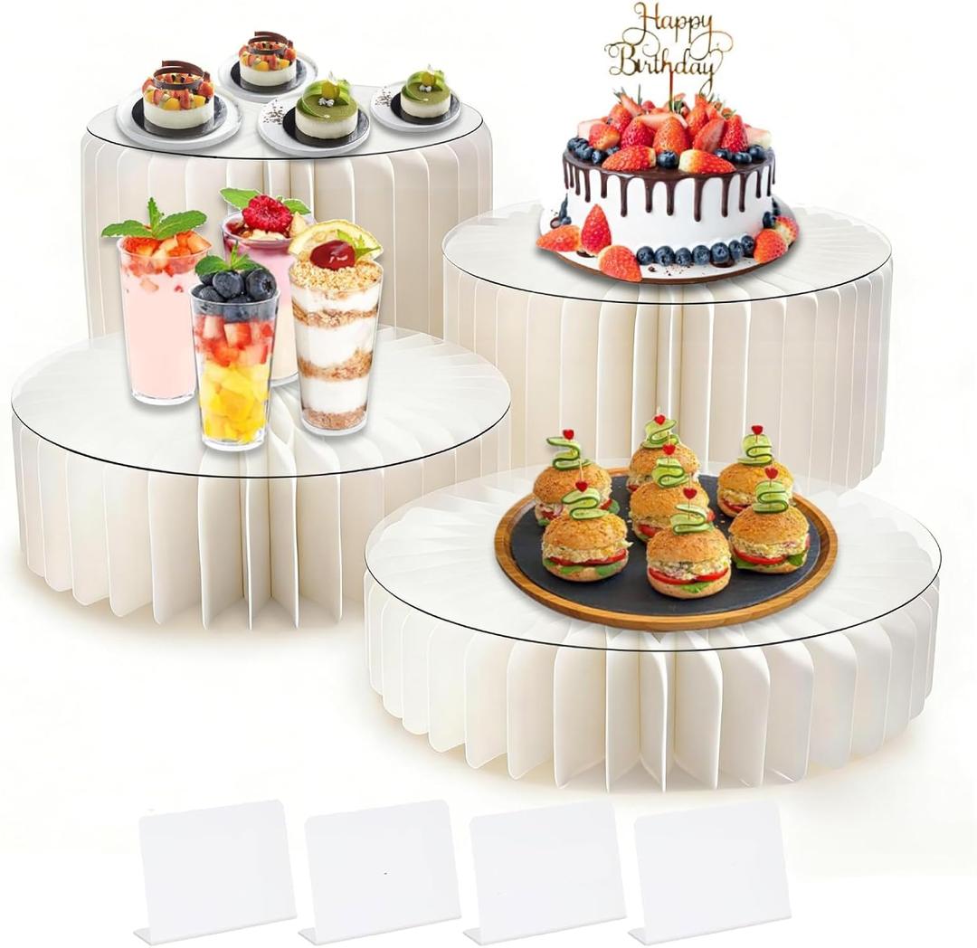 4Pcs Buffet Risers Food Risers for Buffet Table Foldable Cake Display Stands with Mini Table Sign Tall Cardboard Cupcakes Stand for Show Catering Desserts Jewelry Wedding Birthday Party Decoration