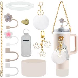 Velaco 11 PCS Accessories for Stanley Cup, Water Bottle Handle Strap for Stanley 30/40 oz tumbler with handle, including Straw Toppers, Silicone Cup Boot, Keychain Charms - White