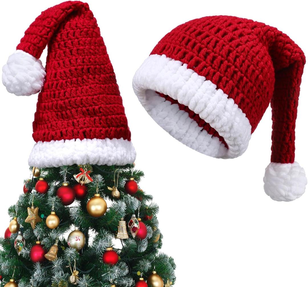 Vinsatin 21 x 12 Inch Christmas Red Tree Topper Hat Knitted Santa Hat Tree Topper Large Funny Christmas Trees Top Decorations for Xmas Trees Ornament Holiday Party Supplies