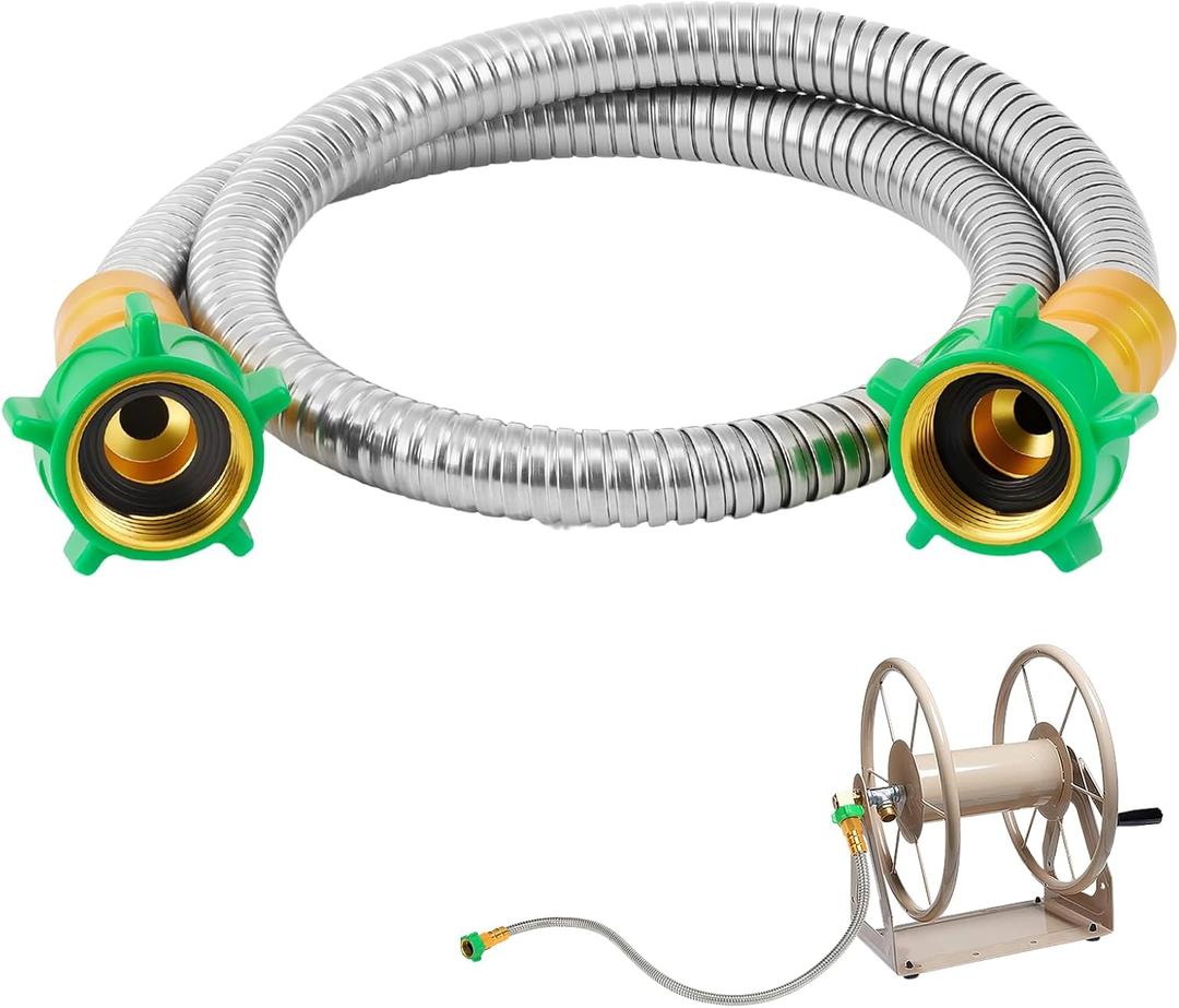 3ft Short Garden Hose with Female to Female Connector - Metal Leakproof Leader Hose for Hose Reel, Heavy Duty 304 Stainless Steel Flexible Hose for Outdoor Garden Watering Car Pet Cleaning