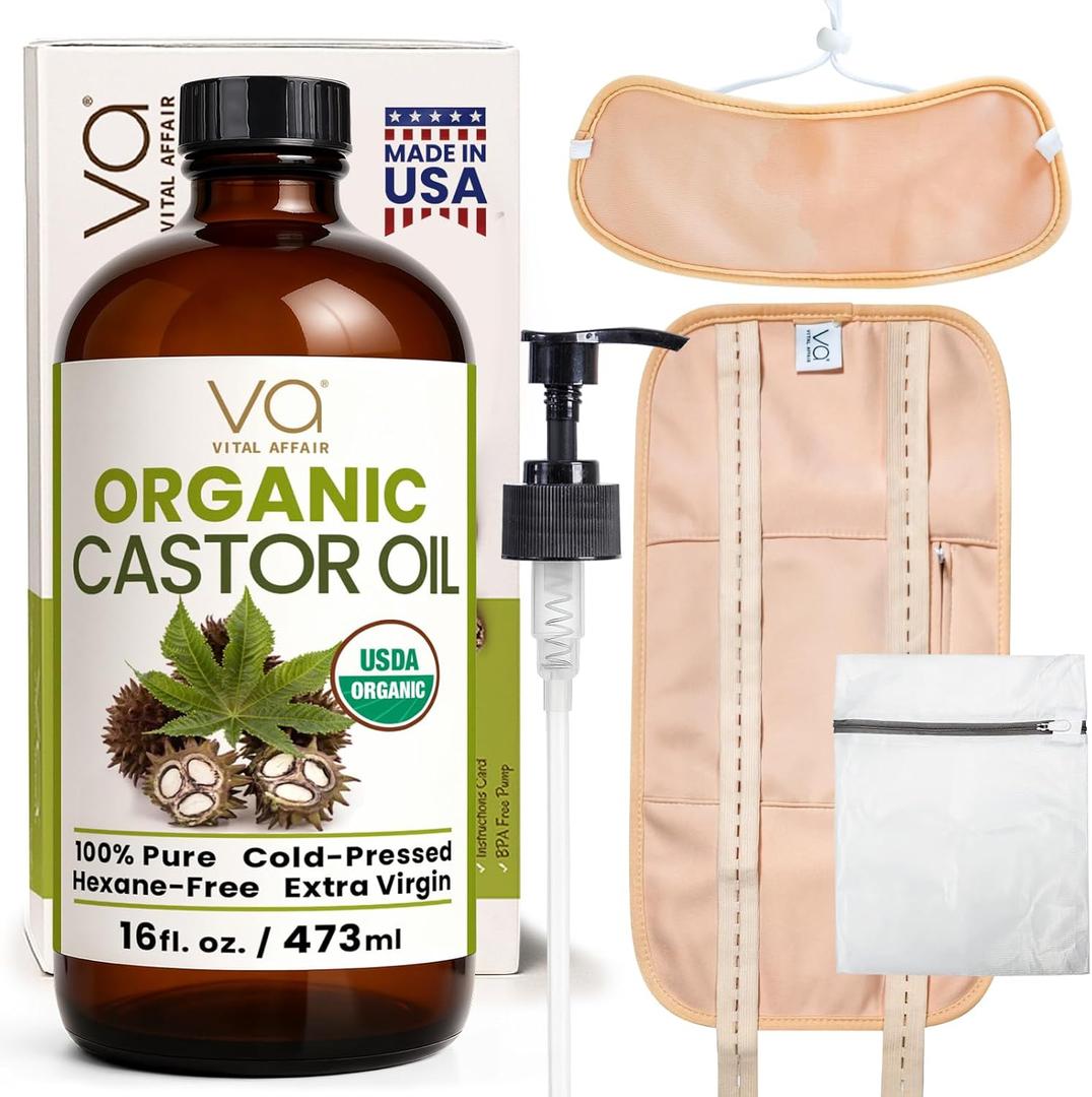 Castor Oil Pack Wrap Kit  USDA Organic, 16 oz Cold-Pressed Hexane-Free Castor Oil in Glass Bottle | Adjustable Cotton Flannel Waist & Neck Wraps | Made in USA | Liver, Abdominal & Detox Therapy