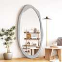 Irregular Asymmetrical Wall Mirror, 48" x 24" Flannel Wrapped Wooden Frame Frame Mirror for Living Room Bathroom Entryway, Hanging or Leaning Against Wall (Grey)