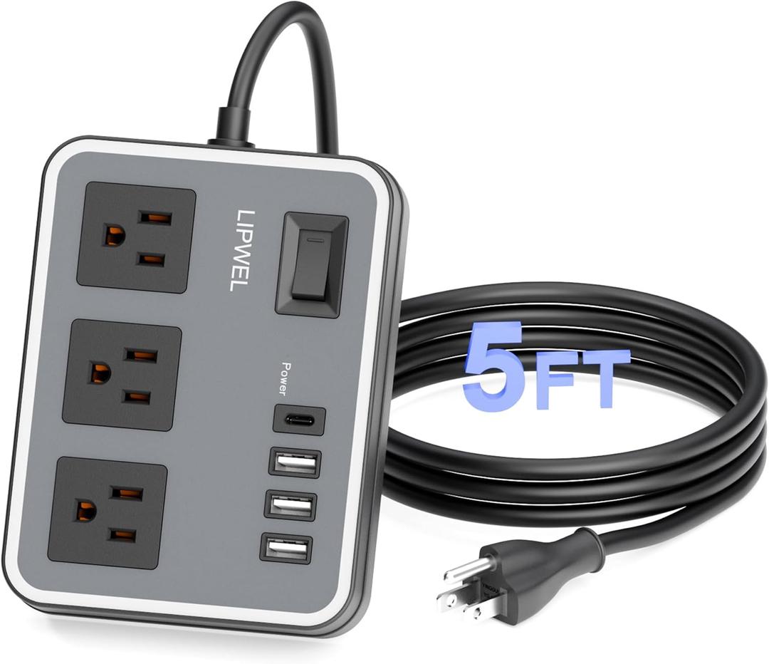 3-in-1 Outlet Surge Protector Power Strip with 4 USB Charging Ports, 5 Feet Long Extension Cord, LED Indicator Light, FCC Certified
