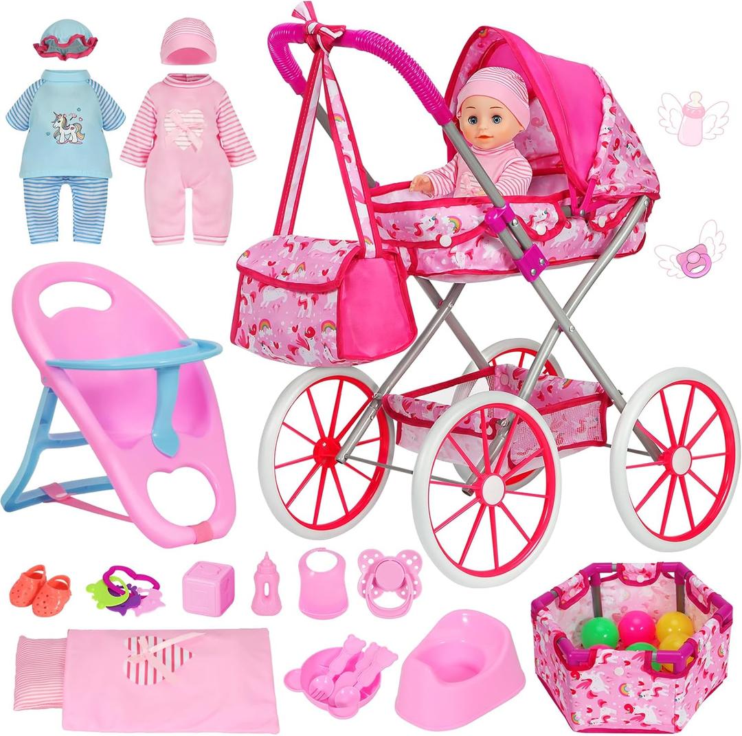 Unicorn Baby Doll Stroller Set with 11'' Baby Doll, Foldable Doll Stroller, Playpen, Dining Chair and 24 PCS Baby Doll Accessories, Doll Playset Toy for Girls Toddlers 3-5 4-6 Birthday Gifts