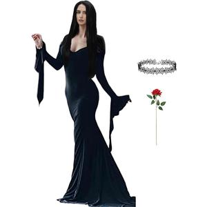 Halloween Costume Women with Wig Long Black Bodycon Gothic Dress with Necklace and Artificial Red Rose Accessories (M)