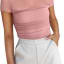 REORIA Women's Sexy Mock Turtle Neck Short Sleeve Shirts Sheer Mesh Ruched Trendy Going Out Bodysuits Tops (Pink) S
